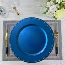 Table Mats 50pcs/Bag 13inch Round Blue Plastic Charger Plates Dinner Wedding Decorative Serving Dishes Set For El Supplies GRP021