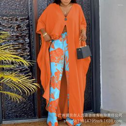Women's Two Piece Pants 2023 Autumn Fashion Suit Orange V-neck Button Loose Split Long Sleeve Cover Up Printed Set For Lady