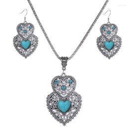 Necklace Earrings Set Bohemian Retro National Double Heart Blue Crystal Pendant Suit Wholesale Free Gift