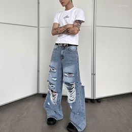 Men's Jeans 2023 Urban Street Unisex Style Heavy Damage Design Wide Leg Washed Ripped Mops