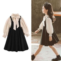 Clothing Sets SOMENIE Kids Girls Elegant Clothing children's Suspender Dress Long sleeve Sleeve Shirts 2pcs Set Party Strap Dress Gown Outfits