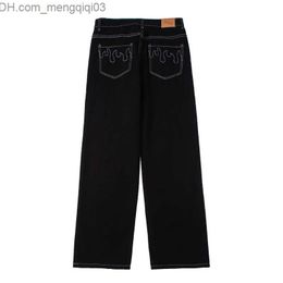 Men's Pants Men's straight jeans with stitching men's flame embroidery pockets designer wide leg denim pants street loose denim jeans casual men's style Z230815