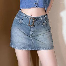 Skirts Baby Blue Spice Girl Denim Skirt Women's Belt Buckle Lining High Waist Slim Wrapped Arm Mini Double Breasted Pocket