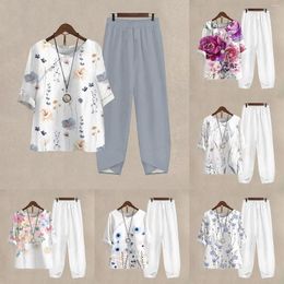 Women's Two Piece Pants Casual Printed Five Quarter Sleeve Loose Shirt Top Wide Leg Woman All Outfits Jumpsuit For Wedding Guest Women