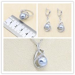 Necklace Earrings Set Fashion Silver Colour Bridal Natural Freshwater Pearls White Zircon Women Wedding Ring