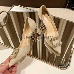 Dress Shoes 6cm Fashion New Spike High Heels with Rhinestone Pointed Toe Pumps Beige Shoes for Women 41 42 43 J230815