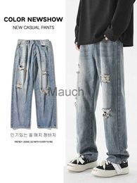 Men's Jeans 2023 New Men Denim Wideleg Pants Korean Style Straight Light Blue Baggy Jeans Middle Waist Male Gradient Trousers Size 3XL J230814