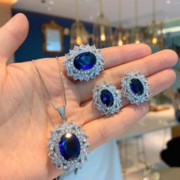Necklace Earrings Set Luxury European And American Retro Style Simulation Tanzanite Sapphire Pendant Ring Stud Ladie