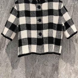 Women's Knits 2023 Runway Wool Blend Cardigan Women Vintage Short Sleeve O-neck Single Breasted Sweater Jacket Casual Loose Knit Cropped