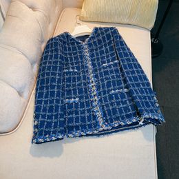 2023 Autumn Blue Plaid Print Panelled Tweed Jacket Long Sleeve Round Neck Double Pockets Classic Jackets Coat Short Outwear A3G146587