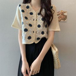 Women's Knits Women Sweet Cotton Cardigan Summer Floral Embroidery Short Sleeve Buttons Front Crop Tops Beach Crochet French Style