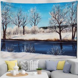 Tapestries Christmas Painting Tapestry Forest Snow View Cabin Wall Hanging Cute Snowman Home Decor