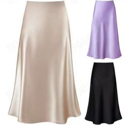 Skirts Midi Skirts for Women High Waist Satin Summer Casual Midi Length Elastic Skirt