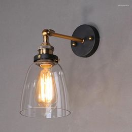 Wall Lamp American Loft Retro Antique Clear Glass Lampshade Vintage E27 Edison Bedroom Decoration Brass Iron Adjustable LED