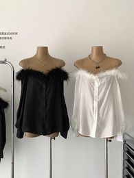 Women's Blouses Korean Women Sexy Ostrich Feather Slash Neck Long Sleeved Fashion Summer Solid Off Shoulder Removable Chain Crops Top