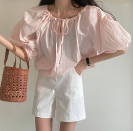 Women's Blouses 2023 Korea Chic Summer Womens Blouse Simple O-Neck Drawstring Bubble Short Sleeve Top Loose Waist Versatile Shirt For Women