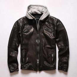 Capuz de capuz masculino de alta qualidade de casca de pele de carneiro ao ar livre lazer cinza preto em couro genuíno manual jaquetas de motocicletas