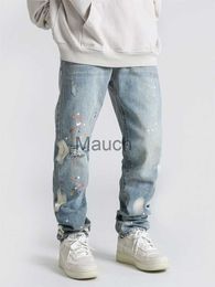 Men's Jeans American High Street Men's Colour Splashed Ink Straight Slim Jeans Loose Casual Distressed Retro Casual Pants Luxury Men Cloing J230814