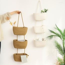 Storage Boxes Cotton Thread Weaving Wall Hanging Bag Organiser Detachable Basket With 3 Pockets For Bedroom Bathroom Organiser