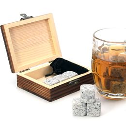 Ice Buckets And Coolers Whiskey Stones Set 9 Granite Rocks Wooden Box Velvet Bag Reusable Cooling Cubes 230814