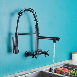 Kitchen Faucet Kitchen Sink Faucet Full Copper Double Handle Hot and Cold Water Spring Pull Down Wall-mounted Faucet