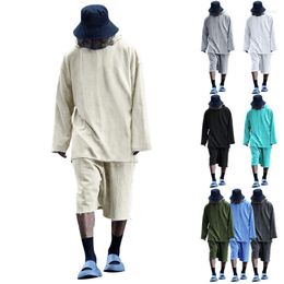 Men's Tracksuits Mens Shirts Loose Fitting Casual Solid Colour Summer High Street Trend Shorts Hooded Long Sleeved Pullover Cover Clothes