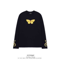Golden Skull Butterfly Print High Street Hiphop Trendy Men's Long Sleeve T-shirt Versatile Autumn/Winter T-shirt