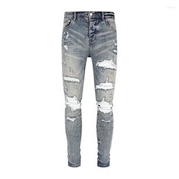 Men's Jeans 2023 Arrival High Street Fashion Men Blue Ripped White Patch Distressed Slim Denim Pants