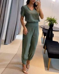 Women's Two Piece Pants Casual Puff Sleeve Top & High Waist Cuffed Set Polyester Plain V-Neck Design Daily 2023 Fashion Outfits