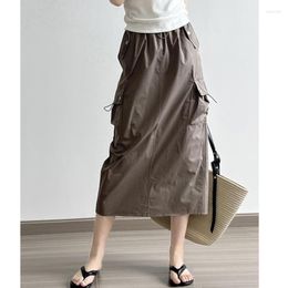 Skirts 2023 Summer Drawstring Waist Cargo Women High Waisted Back Split Pocket Casual Straight A-line Cotton