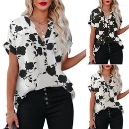 Women's Polos 2023 Summer Floral Print Short Sleeve Shirt Women Loose V-neck