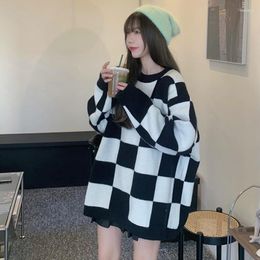 Women's Sweaters 2023 Streetwear Hip-hop Black White Checkerboard College Style Round Neck Casual Loose Pullover Knitted Sweater Overcoat