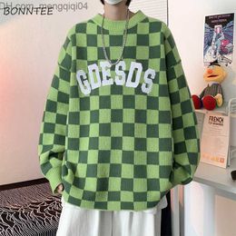 Men's Sweaters Men's flat bottom patterned retro O-neck couple Harajuku lazy long sleeved hip-hop plaid hippie sweater Men's street clothing Z230814