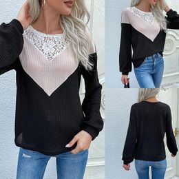 Women's Sweaters Early Autumn European And American Casual Long Sleeved Colour Block Lace Crew Neck Sweater Swim Shirt Tops