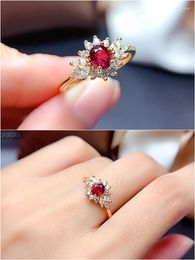 Cluster Rings Fashion Chic Little Flower Red Crystal Ruby Gemstones Diamonds For Women Girl 14k Gold Colour Jewellery Bijoux Ins Accessory
