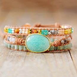 Charm Bracelets Exquisite 3 Strand Leather Wrap Natural Gems Stones Handmade Beaded Cord Braclet Homme Women Boho Jewellery Bijoux 230814