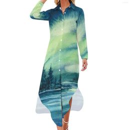 Casual Dresses Watercolour Sky Chiffon Dress Lake Northern Lights Cute Ladies Long Sleeve Fashion V Neck Graphic Big Size