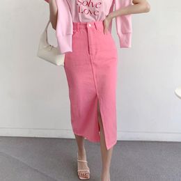 Skirts WDMSNA Vintage High Waist Pink Skirt Women Slim Bodycon Denim For Korean Chic Simple Casual Split Faldas Ajustadas