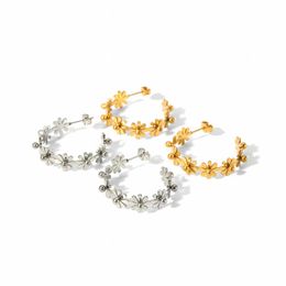 Hoop Earrings C Shape Small Flowers Chic Stud Daisy 18K Gold Plated Women Waterproof Fine Jewelry