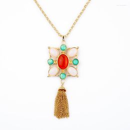 Pendant Necklaces Geometric Imitation Gemstone Long Tassel Necklace Classic Women Gold Colour Accessory Gift Party