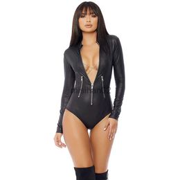 Women's Jumpsuits Rompers Long Sleeve Latex Playsuit Gothic Faux Leather Bodysuit Zipper Fetish Wetlook PVC Catsuit Erotic Clubwear Plus Size PU Jumpsuit HKD230814