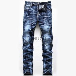 Men's Jeans Printed Cat Whiskers Washed And Polished White Patch Jeans men's Elastic Small Feet Slim Trousers Four Seasons J230814