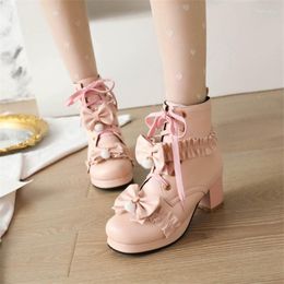 Boots Lolita Style Sweet Ankle White Pink Women Ruffles Butterfly-knot Cross-tied Thick Block High Heels Party Jk Shoes Princess