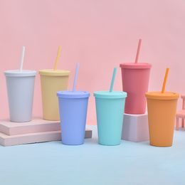 Candy Colour Double-layer Plastic Straw Cup Coffee Cup Plastic Frosted Handy Water Cup Easy To Carry Straw Kettle Sports Bottle
