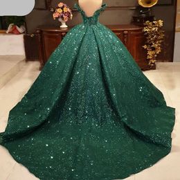 Arabic Muslim Green Sequins Beading evening Dress Off Shoulder Lace applique prom Party Gowns Sweep Train corset back robes de soiree