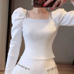 Women's Sweaters White Cropped Sweater Women 2023 Ladies Jumpers Beaded Square Collar Puff Sleeve Fashion Slim Short Knit Pullovers