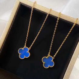 Designer Four-leaf clover luxury top accessories women Cleef Necklace V Gold Thickened Plating 18K Rose Gold Full Diamond Blue Agate Pendant Lucky Grass Collar Chain