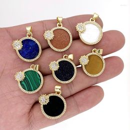 Pendant Necklaces Natural Stone Sun Round Medal Tiger Eye/Agate/Shell Gemstone Gold Plated Necklace For DIY Making Jewelry Accessories