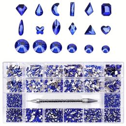 21grtids 4400pcs Flat Back Blue Nail Rhinestones Kit Multi Shapes Glass Crystal AB Rhinestones For Nail Decoration Mixed Multi Sizes 3D Decorations Rhinestone