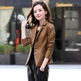 Women's Leather Blazer Coat 2023 Spring Autumn Korean Slim Fit PU Suit Jacket Fashion Long Sleeve Lady's Outwear
